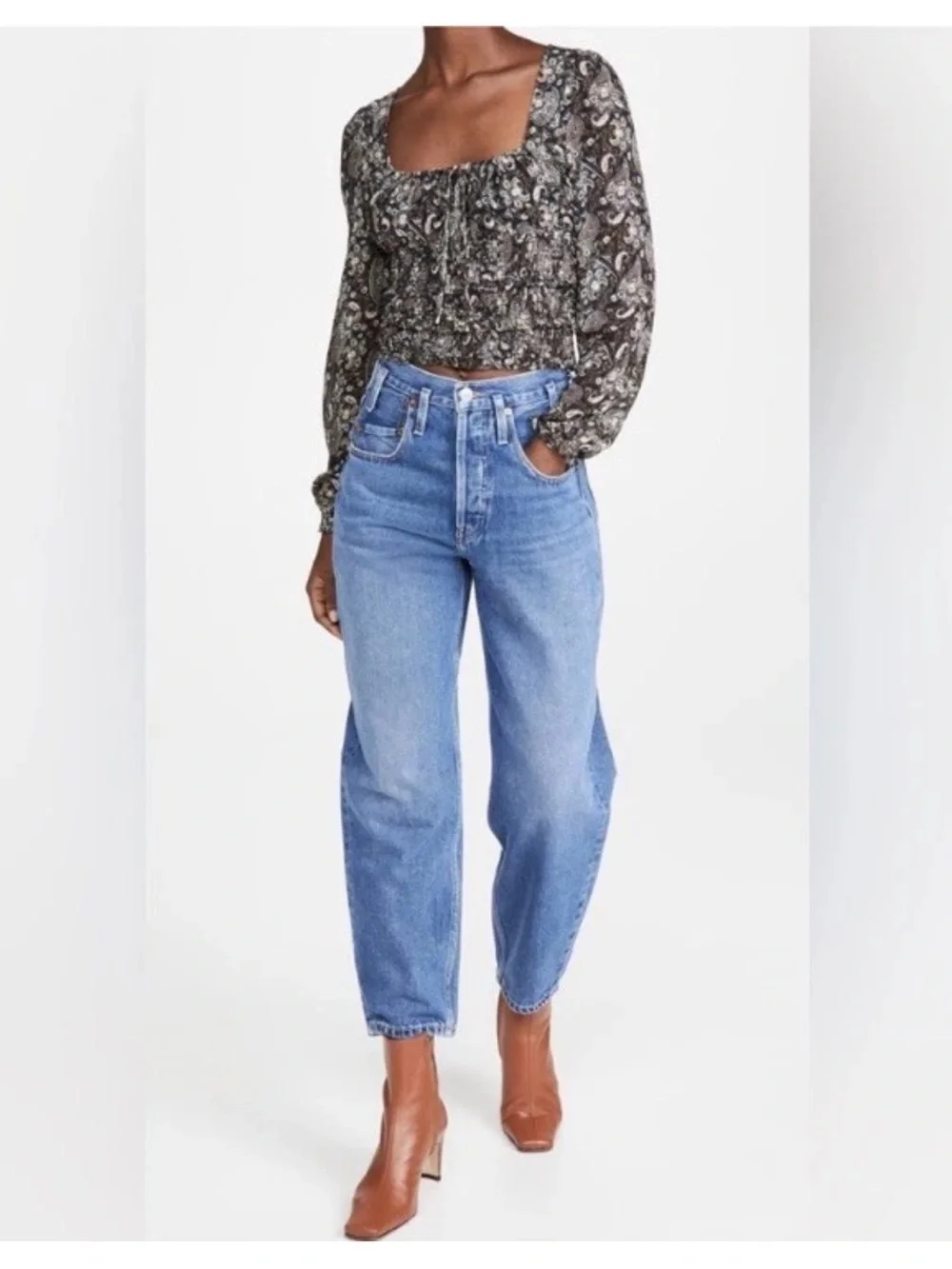 Free People Lolita Paisley Peasant Blouse Dark Combo Smocked Boho Top *M